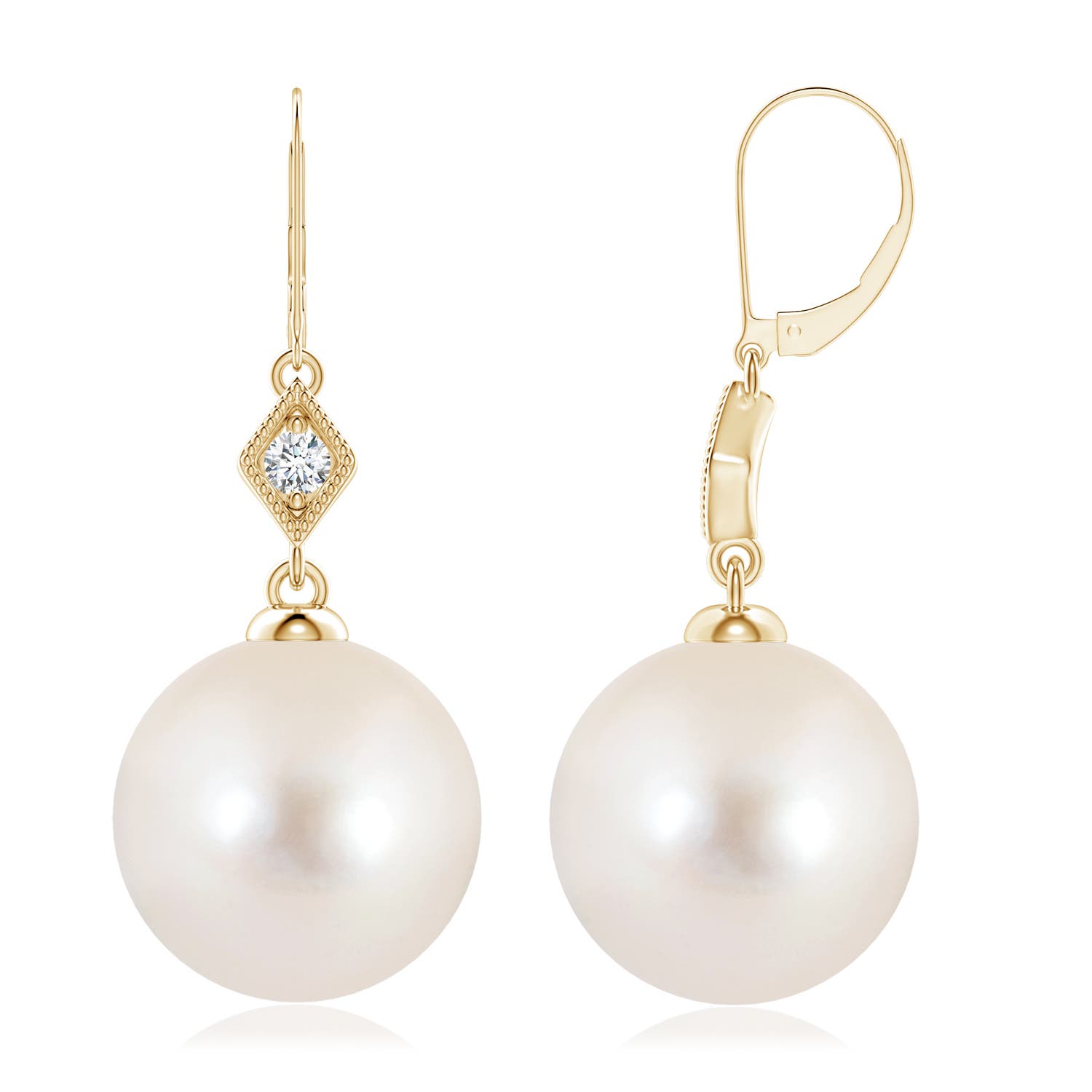 10mm AAAA Freshwater Pearl Earrings with Pavé-Set Diamond in 18CT Yellow Gold