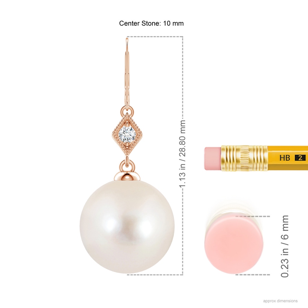 10mm AAAA Freshwater Pearl Earrings with Pavé-Set Diamond in Rose Gold Ruler