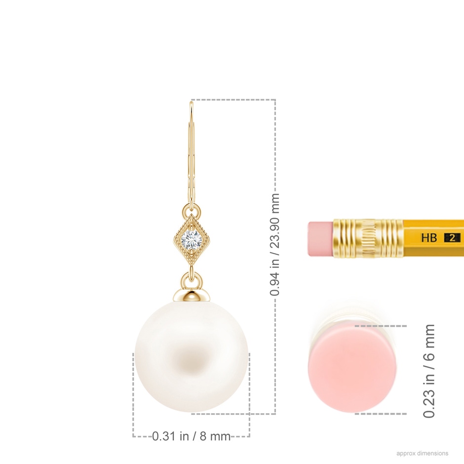 8mm AA Freshwater Pearl Earrings with Pavé-Set Diamond in Yellow Gold ruler