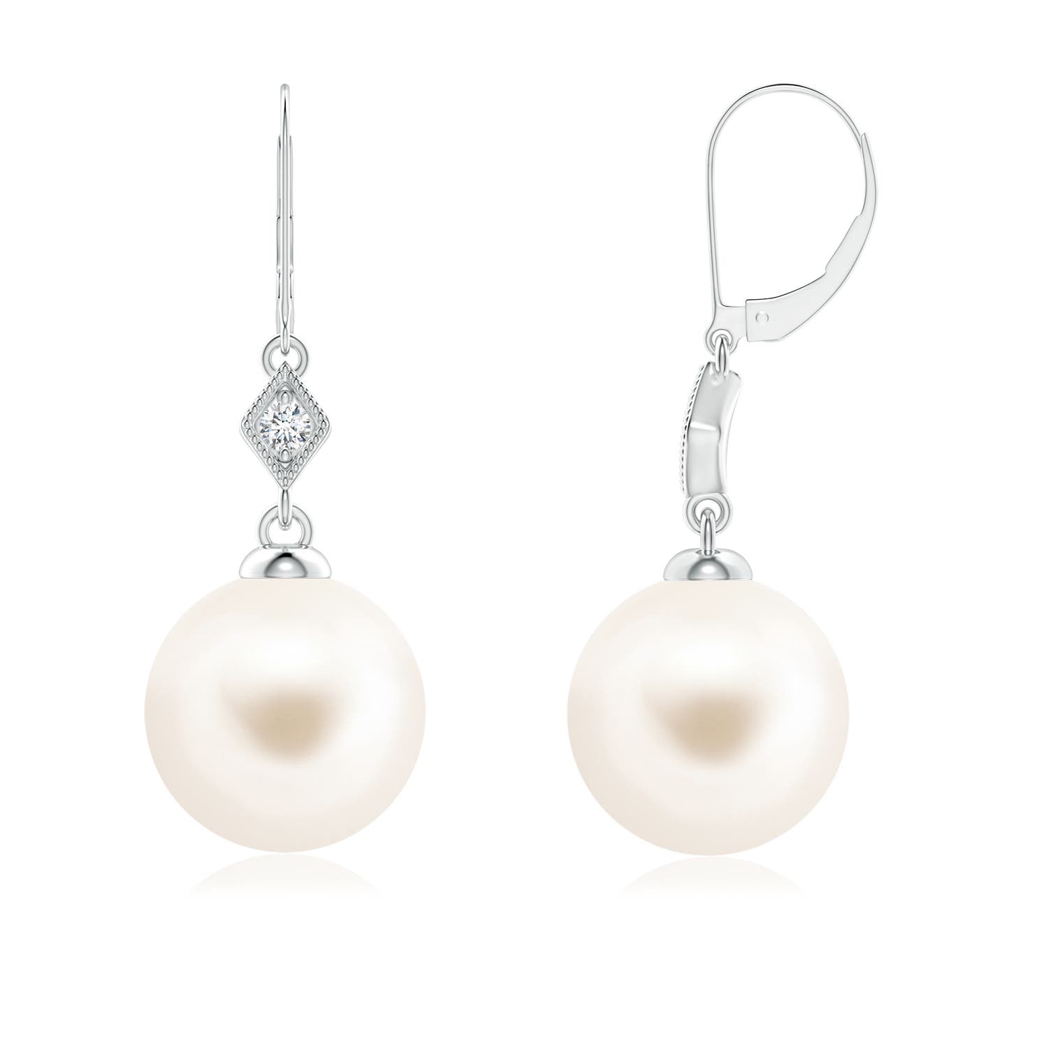 8mm AAA Freshwater Pearl Earrings with Pavé-Set Diamond in 18K White Gold