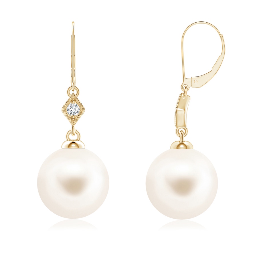 8mm AAA Freshwater Pearl Earrings with Pavé-Set Diamond in Yellow Gold 