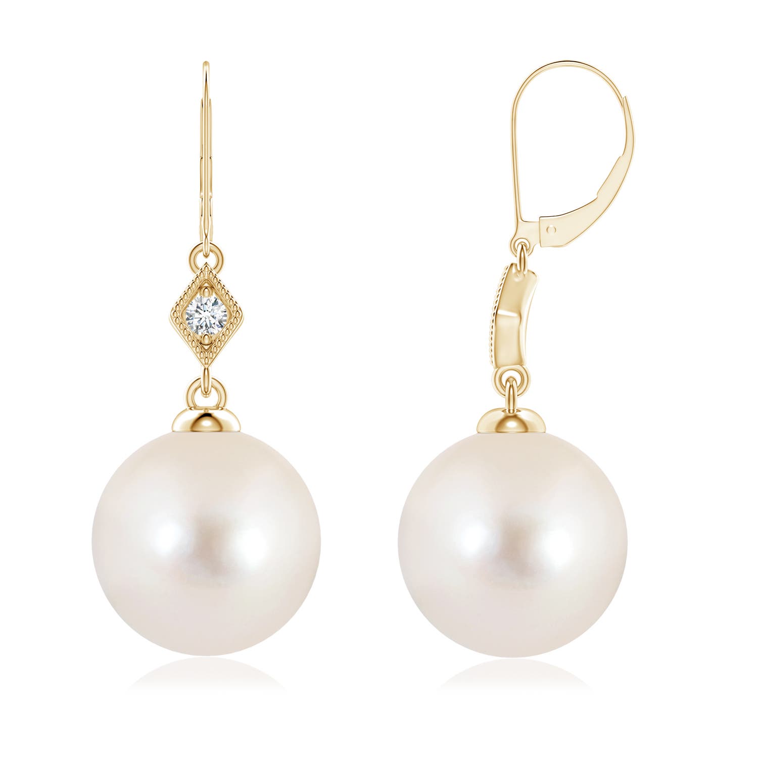 9mm AAAA Freshwater Pearl Earrings with Pavé-Set Diamond in 18CT Yellow Gold