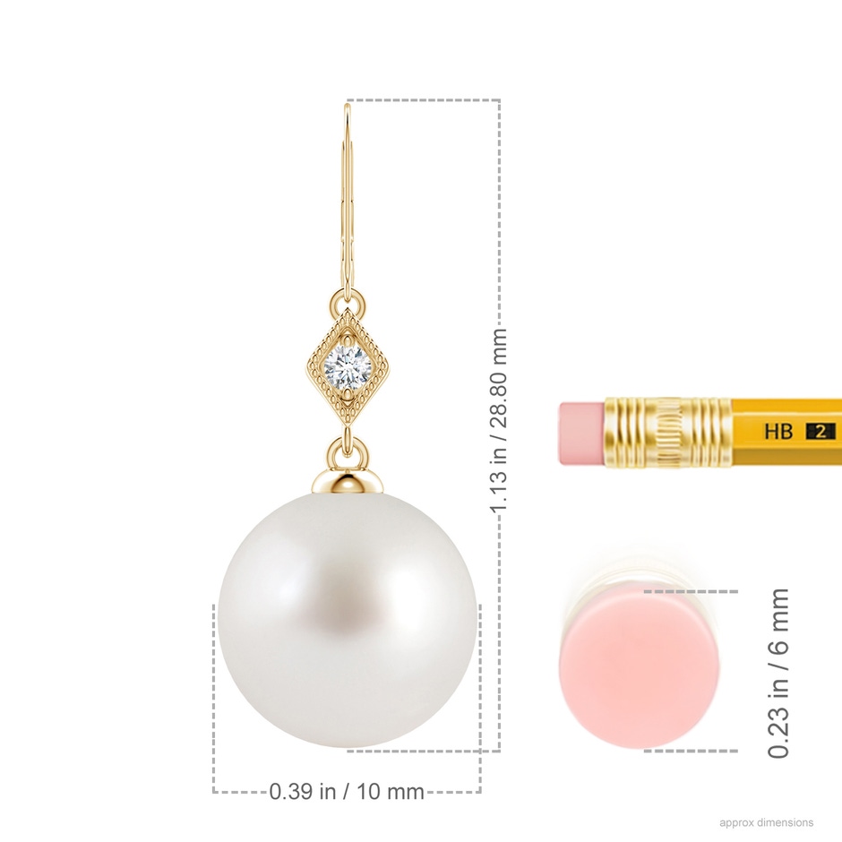 10mm AAA South Sea Pearl Earrings with Pavé-Set Diamond in Yellow Gold ruler