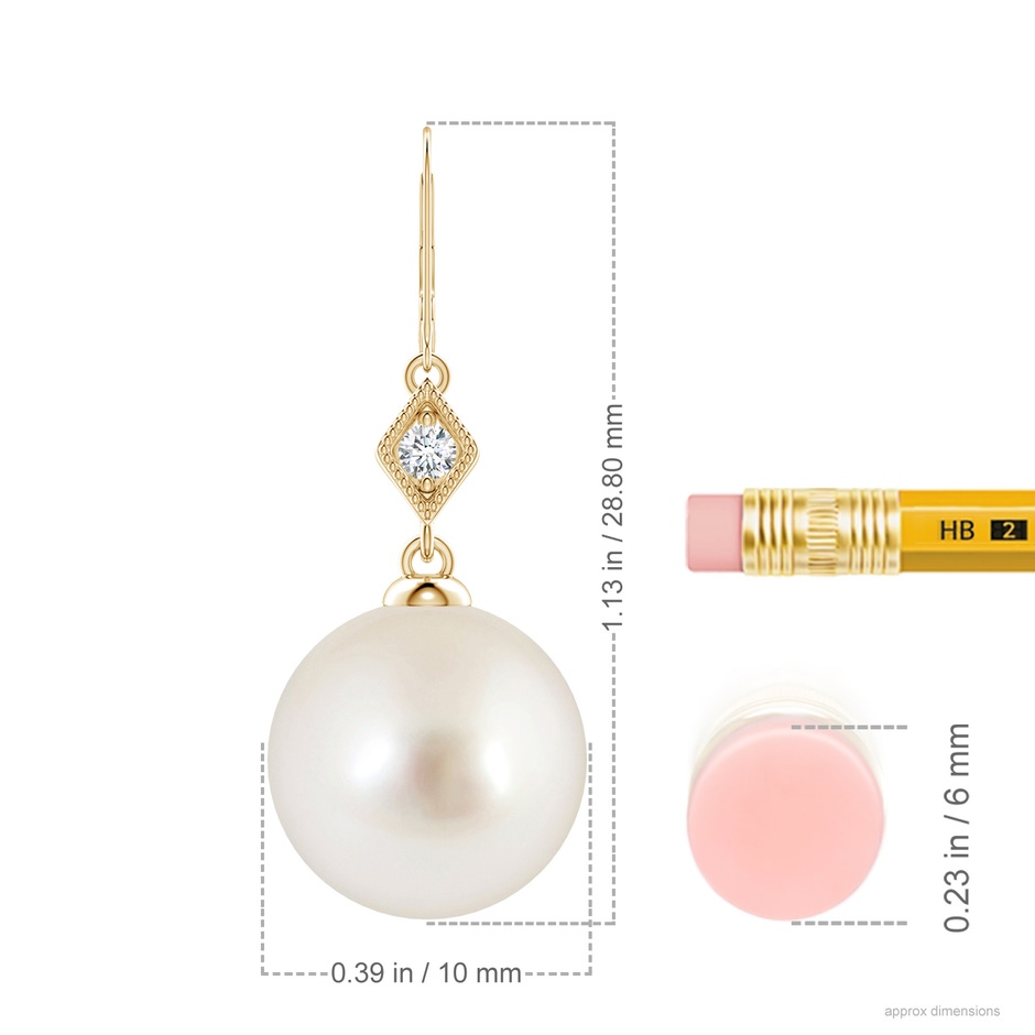 10mm AAAA South Sea Pearl Earrings with Pavé-Set Diamond in 18K Yellow Gold ruler