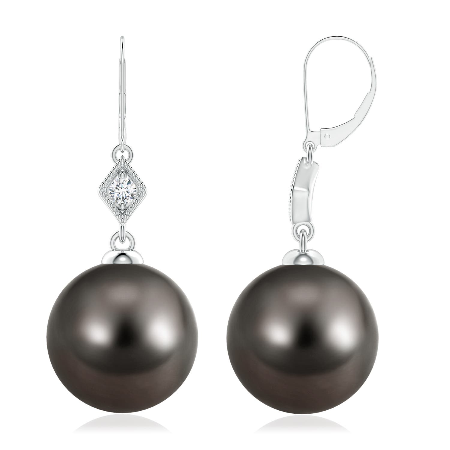 10mm AAA Tahitian Pearl Earrings with Pavé-Set Diamond in 18K White Gold