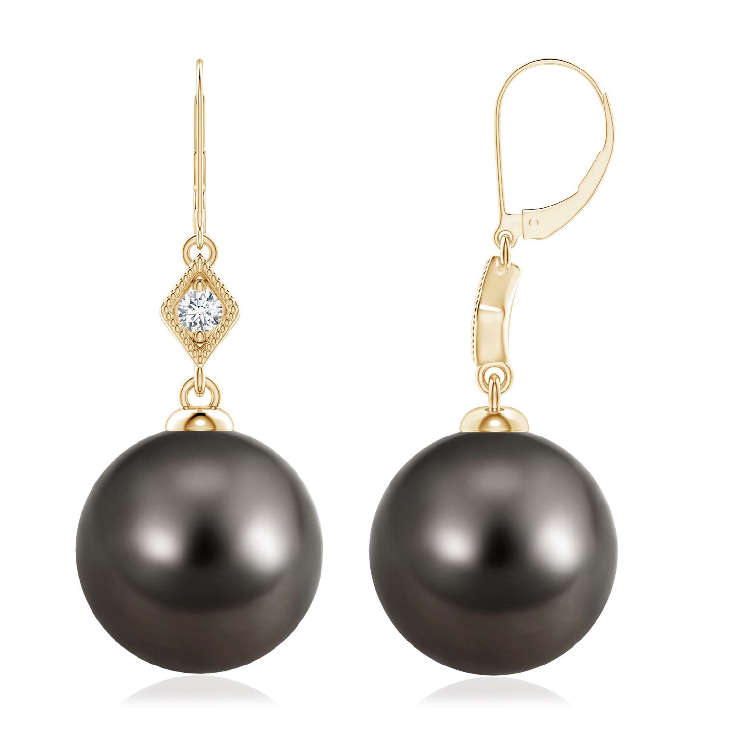 10mm AAA Tahitian Pearl Earrings with Pavé-Set Diamond in Yellow Gold