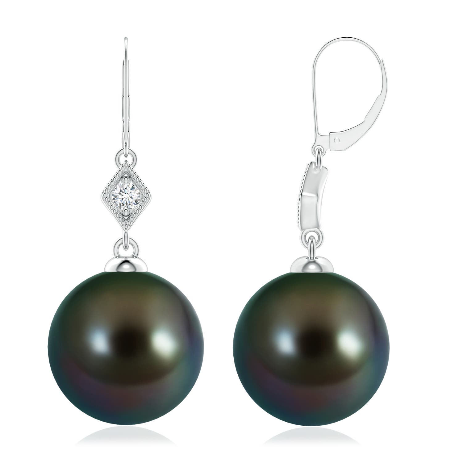 10mm AAAA Tahitian Pearl Earrings with Pavé-Set Diamond in 18K White Gold