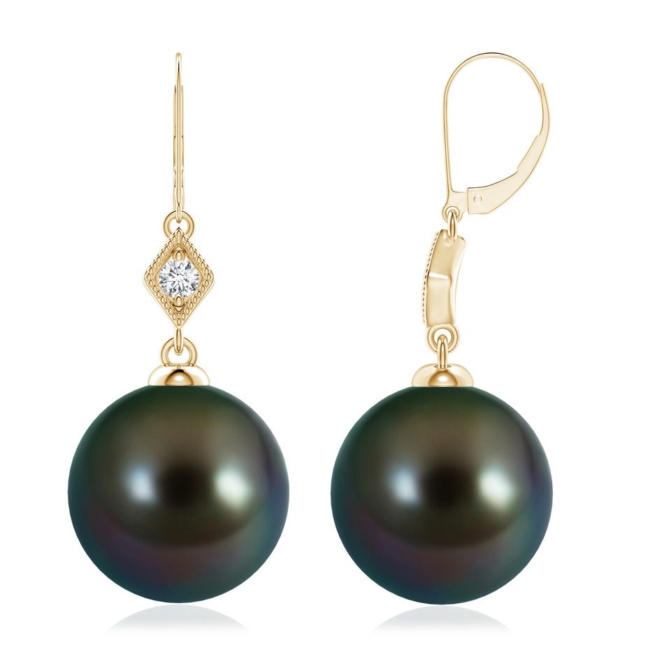 10mm AAAA Tahitian Pearl Earrings with Pavé-Set Diamond in Yellow Gold 