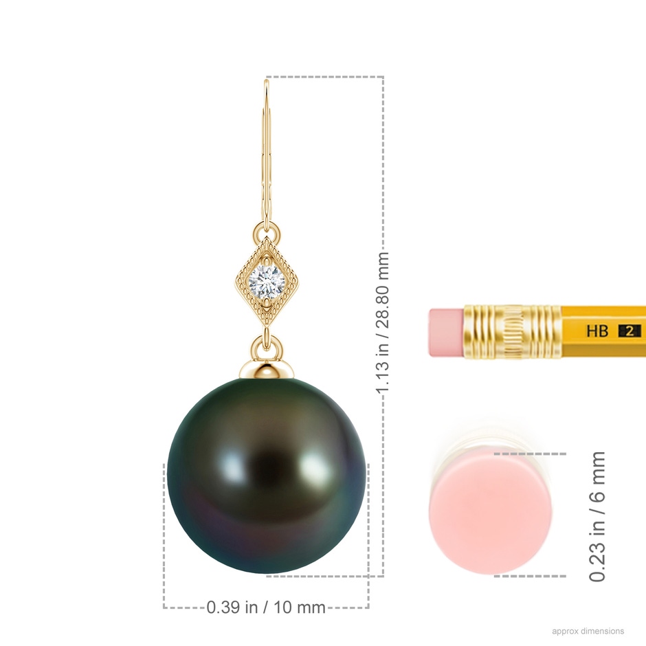 10mm AAAA Tahitian Pearl Earrings with Pavé-Set Diamond in Yellow Gold ruler