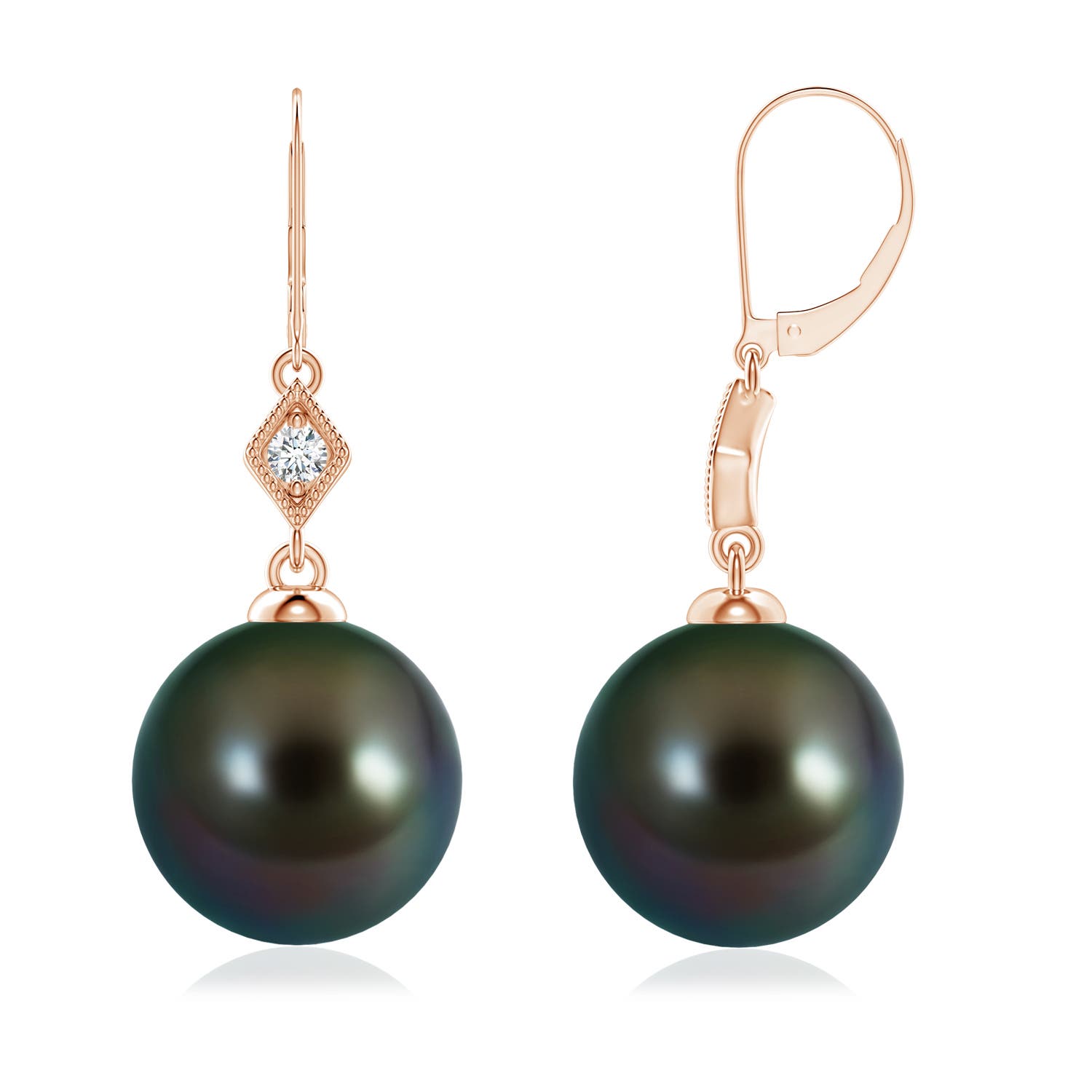 9mm AAAA Tahitian Pearl Earrings with Pavé-Set Diamond in 18K Rose Gold