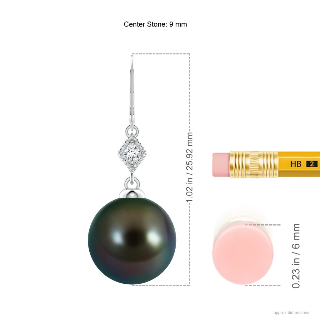 9mm AAAA Tahitian Pearl Earrings with Pavé-Set Diamond in White Gold Ruler