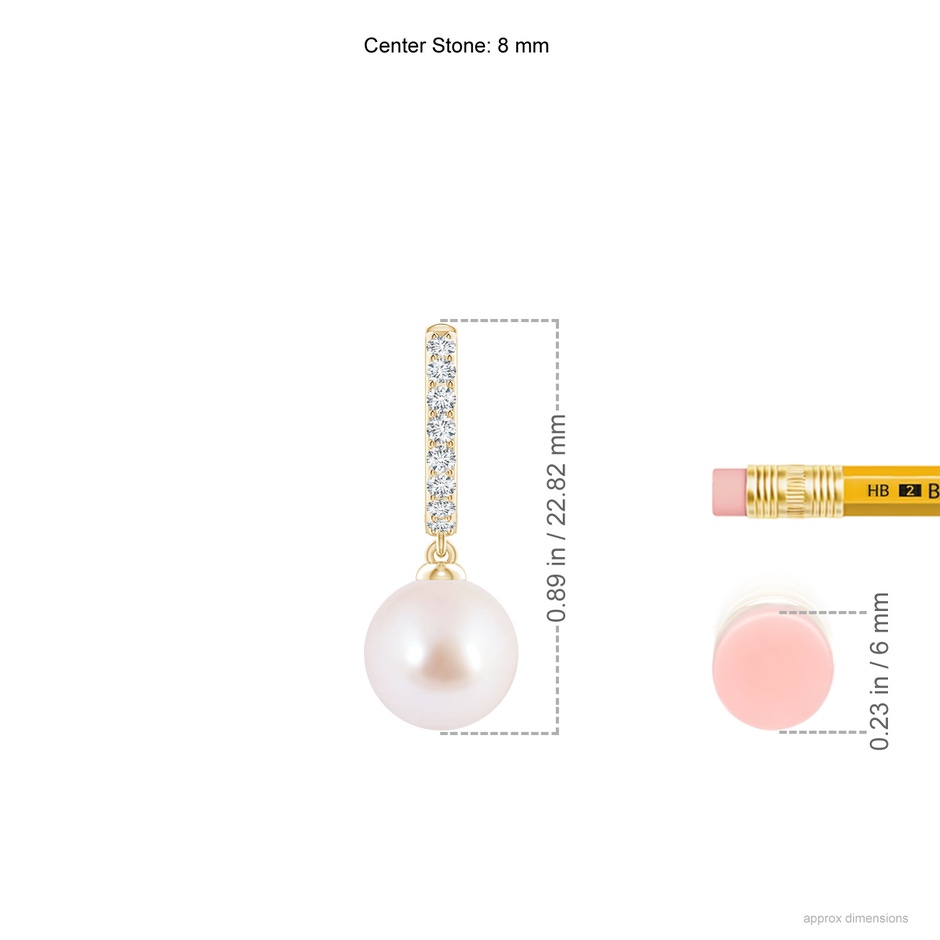 8mm AAA Japanese Akoya Pearl Huggie Hoop Earrings in Yellow Gold ruler