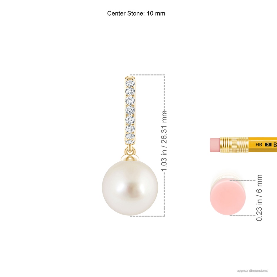 10mm AAAA South Sea Pearl Huggie Hoop Earrings in Yellow Gold ruler