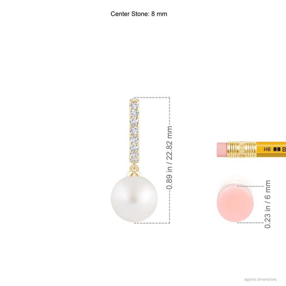 8mm AA South Sea Pearl Huggie Hoop Earrings in Yellow Gold ruler