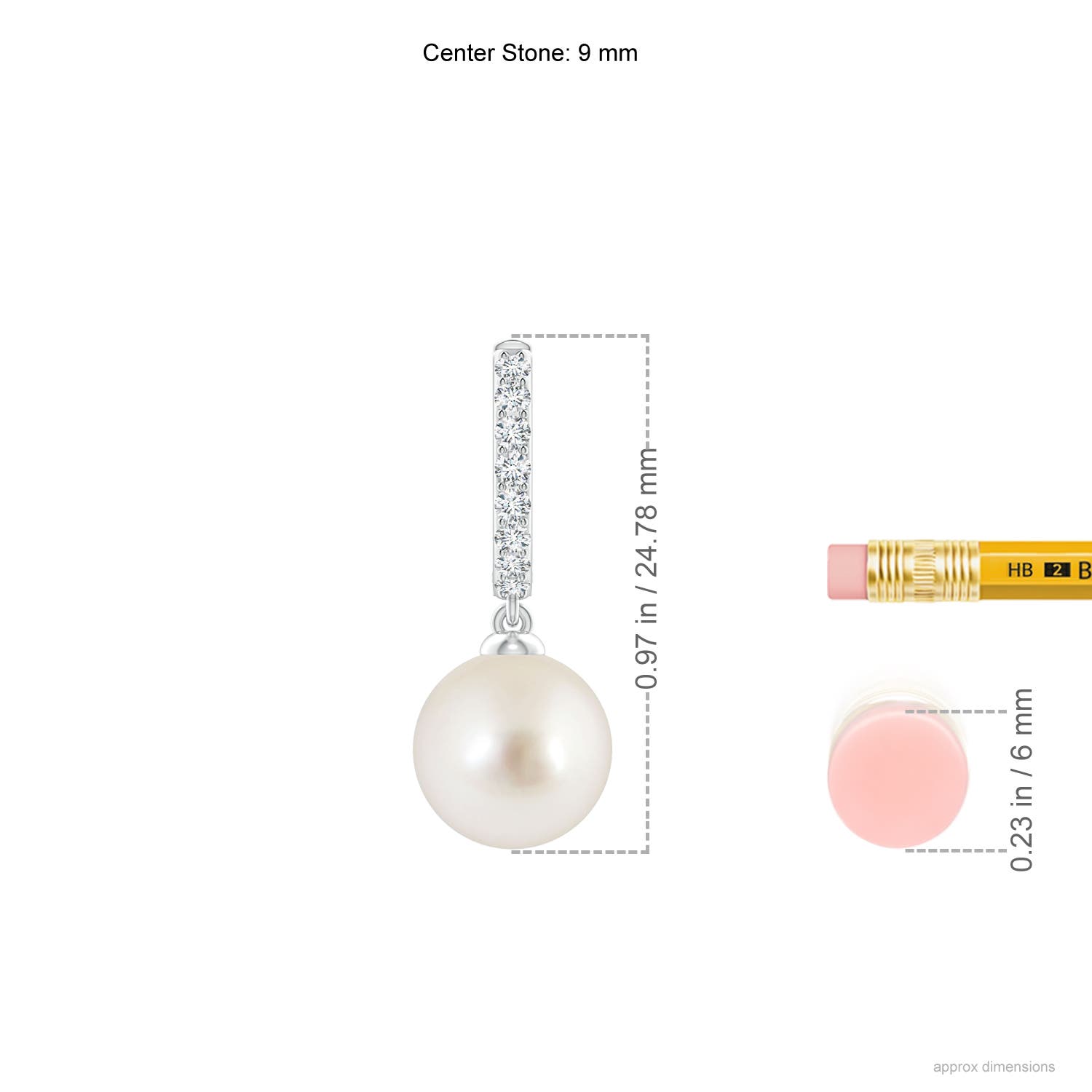 9mm AAAA South Sea Pearl Huggie Hoop Earrings in White Gold - ruler