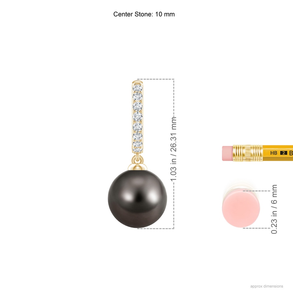 10mm AAA Tahitian Pearl Huggie Hoop Earrings in Yellow Gold ruler
