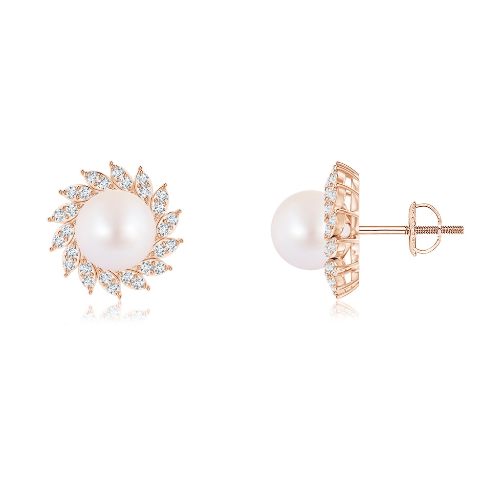 7mm AA Japanese Akoya Pearl Spiral Halo Stud Earrings in Rose Gold 