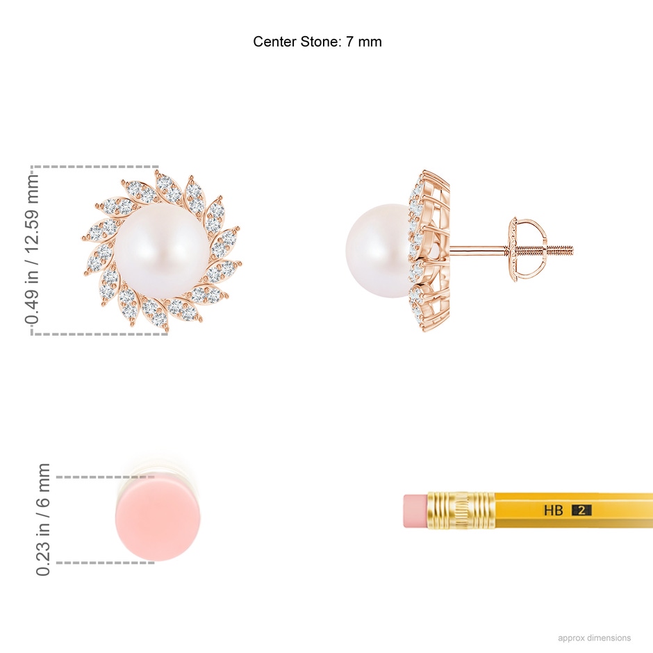7mm AA Japanese Akoya Pearl Spiral Halo Stud Earrings in Rose Gold ruler