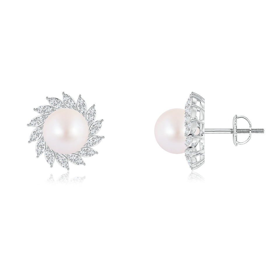 7mm AA Japanese Akoya Pearl Spiral Halo Stud Earrings in White Gold 