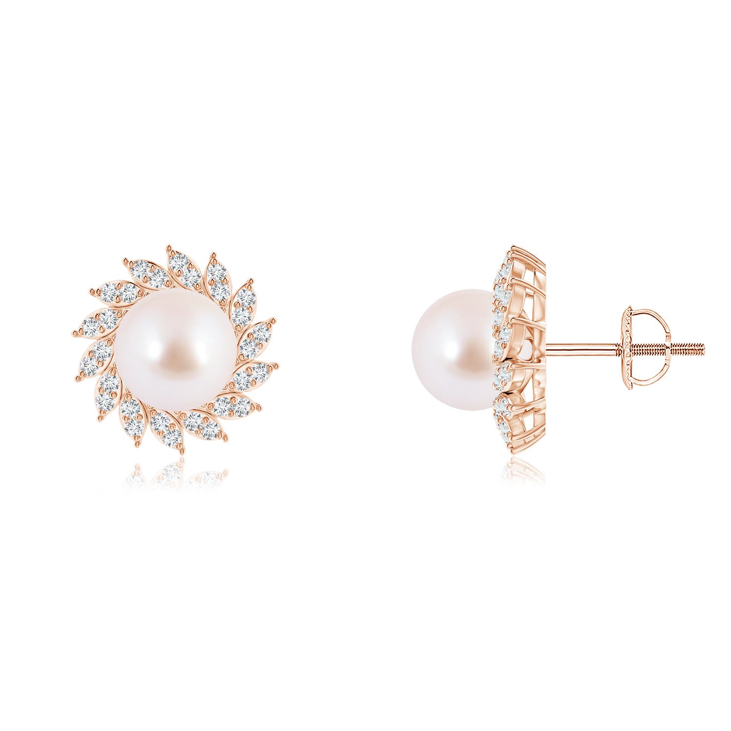 7mm AAA Japanese Akoya Pearl Spiral Halo Stud Earrings in Rose Gold