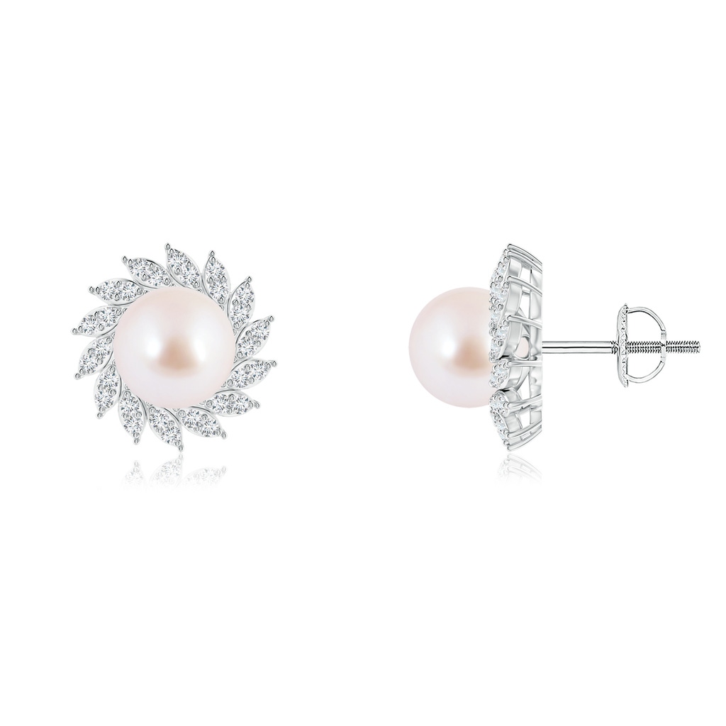 7mm AAA Japanese Akoya Pearl Spiral Halo Stud Earrings in White Gold