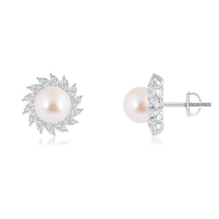 7mm AAA Japanese Akoya Pearl Spiral Halo Stud Earrings in White Gold