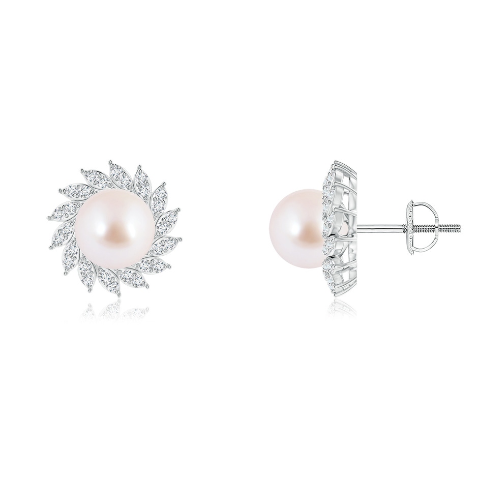 7mm AAA Japanese Akoya Pearl Spiral Halo Stud Earrings in White Gold 