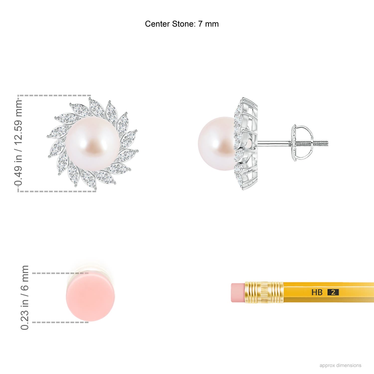 7mm AAA Japanese Akoya Pearl Spiral Halo Stud Earrings in White Gold - ruler