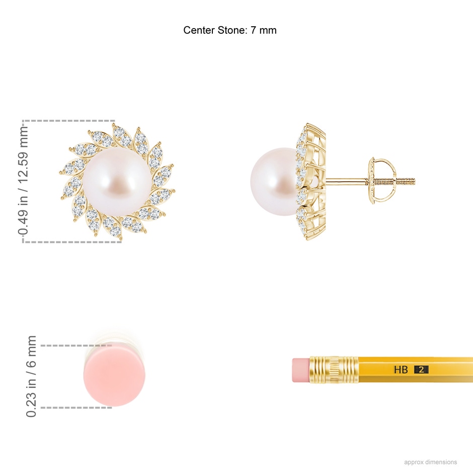 7mm AAA Japanese Akoya Pearl Spiral Halo Stud Earrings in Yellow Gold ruler