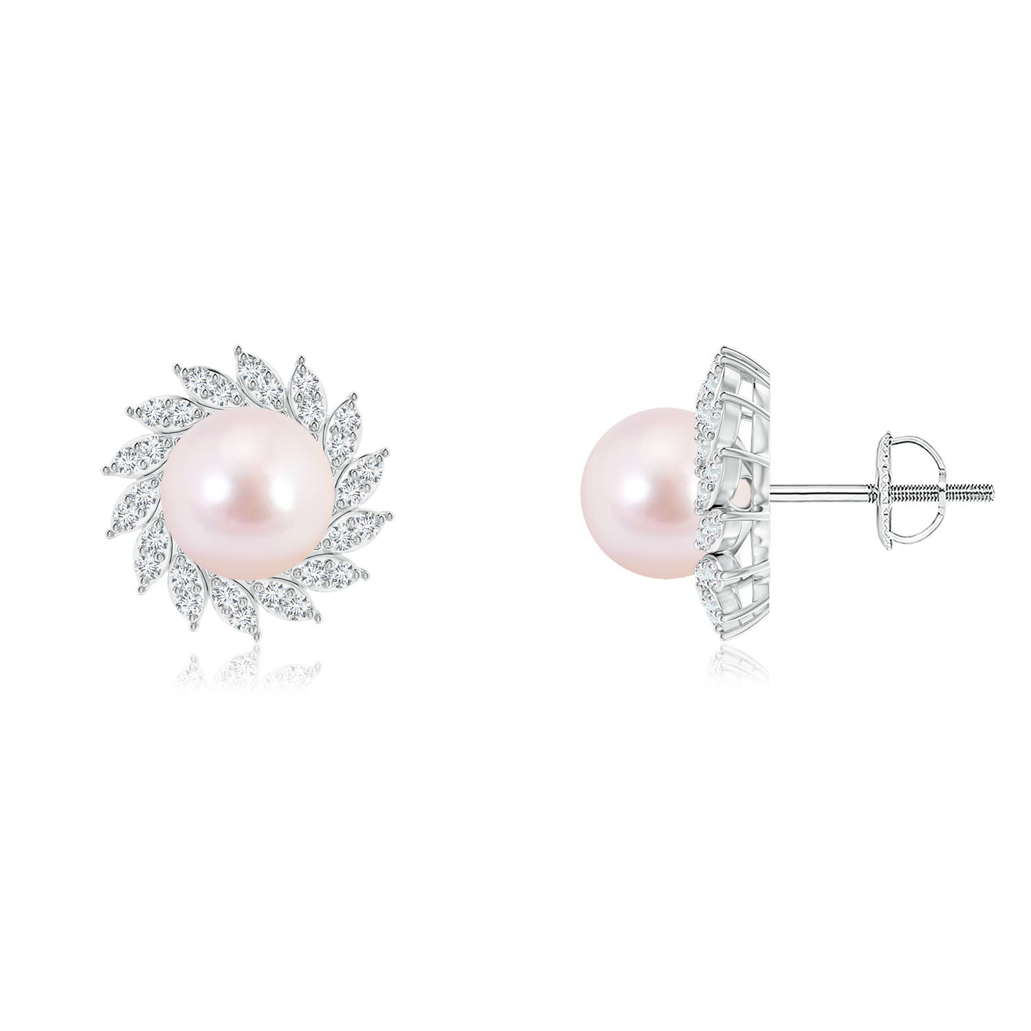 7mm AAAA Japanese Akoya Pearl Spiral Halo Stud Earrings in White Gold