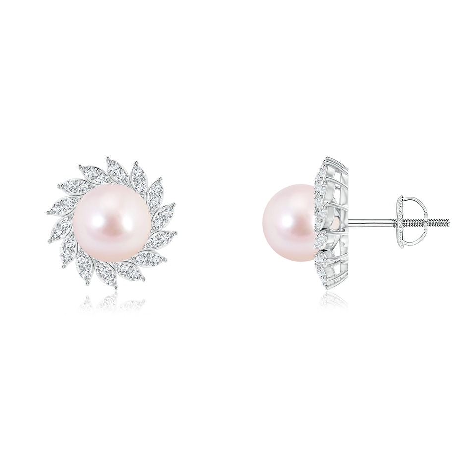 7mm AAAA Japanese Akoya Pearl Spiral Halo Stud Earrings in White Gold 