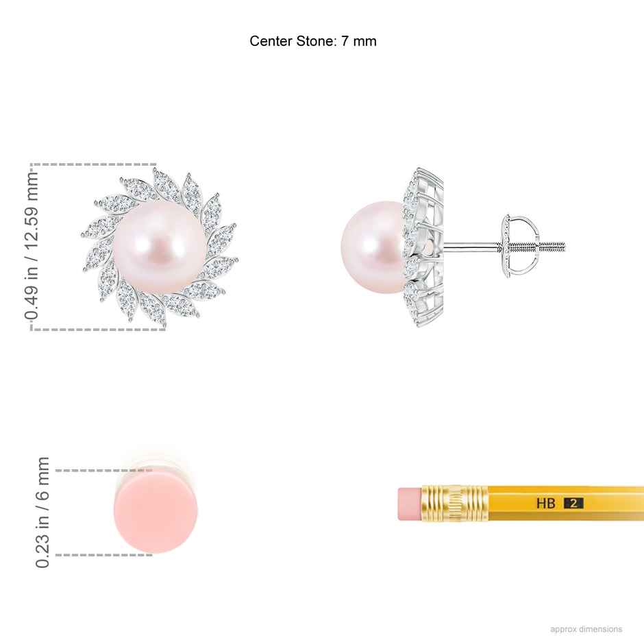 7mm AAAA Japanese Akoya Pearl Spiral Halo Stud Earrings in White Gold ruler