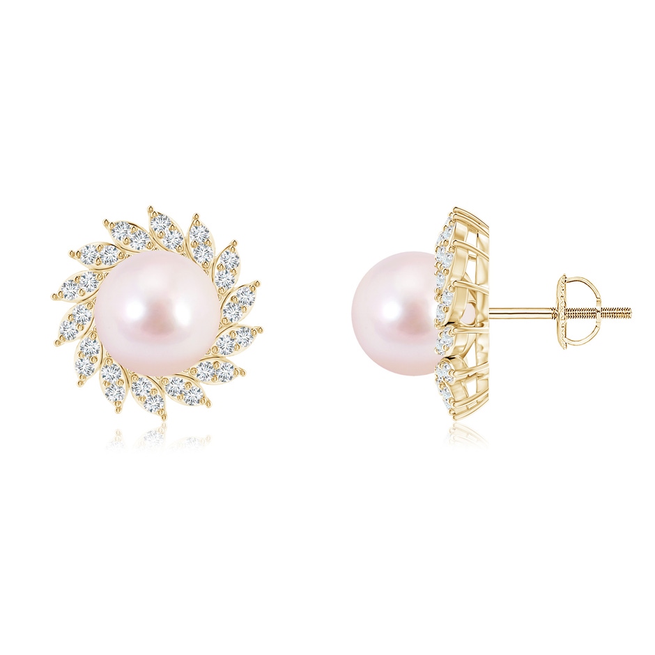 8mm AAAA Japanese Akoya Pearl Spiral Halo Stud Earrings in Yellow Gold 
