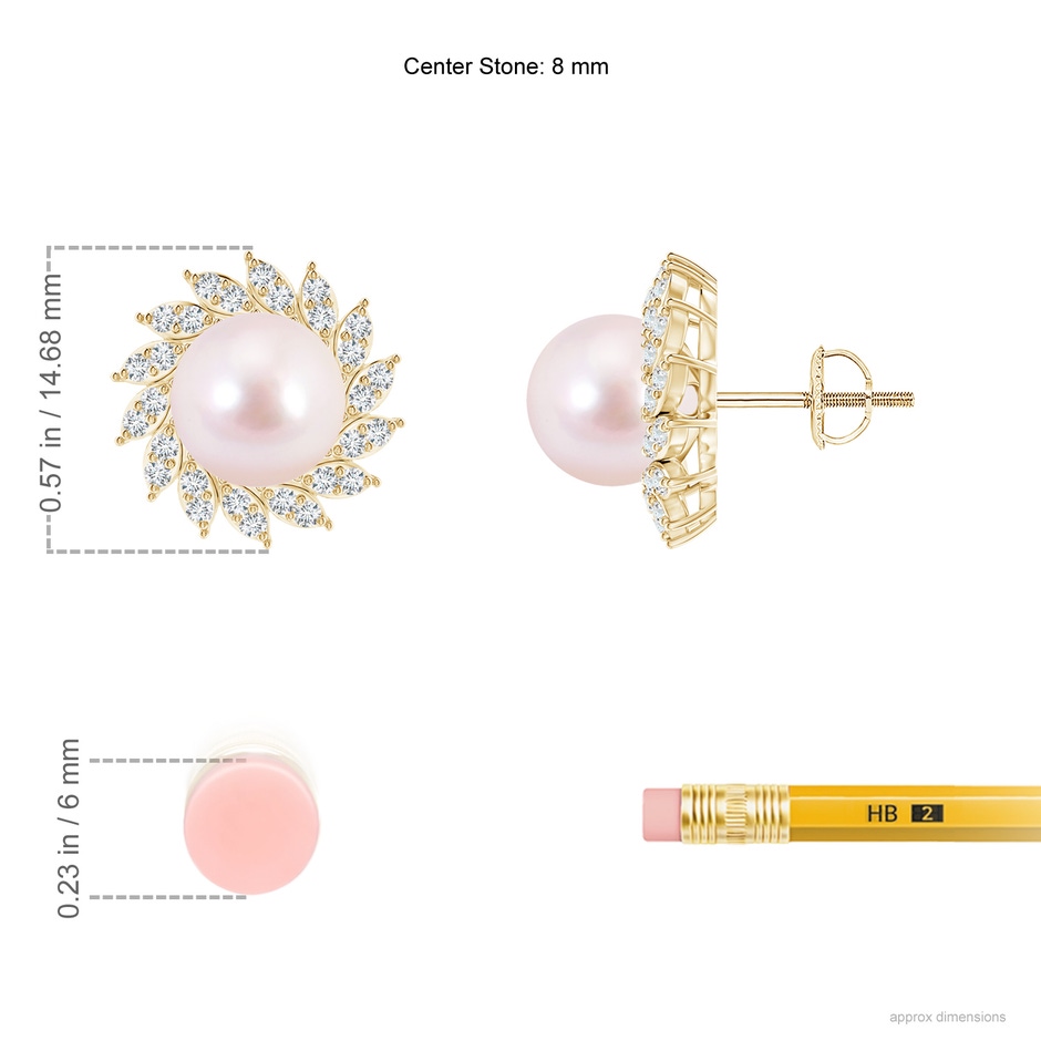 8mm AAAA Japanese Akoya Pearl Spiral Halo Stud Earrings in Yellow Gold ruler