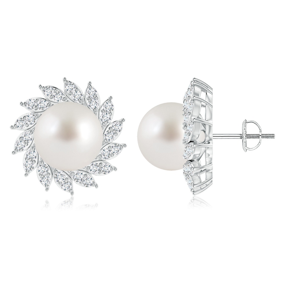 10mm AAA South Sea Pearl Spiral Halo Stud Earrings in White Gold 