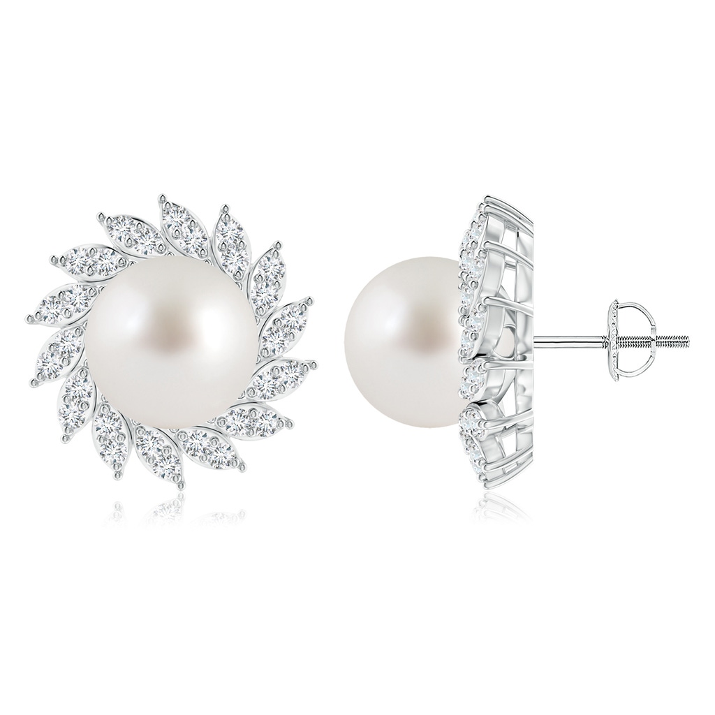 10mm AAA South Sea Pearl Spiral Halo Stud Earrings in White Gold