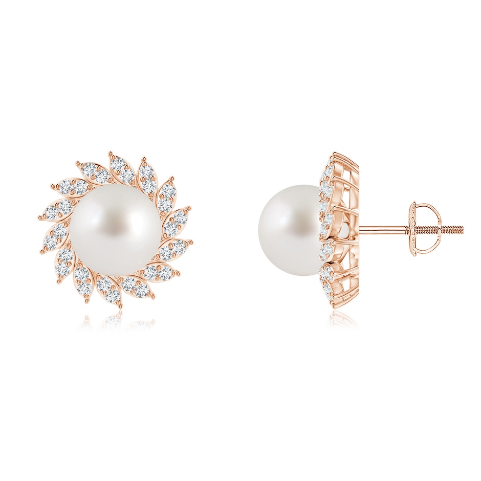 8mm AAA South Sea Pearl Spiral Halo Stud Earrings in Rose Gold 