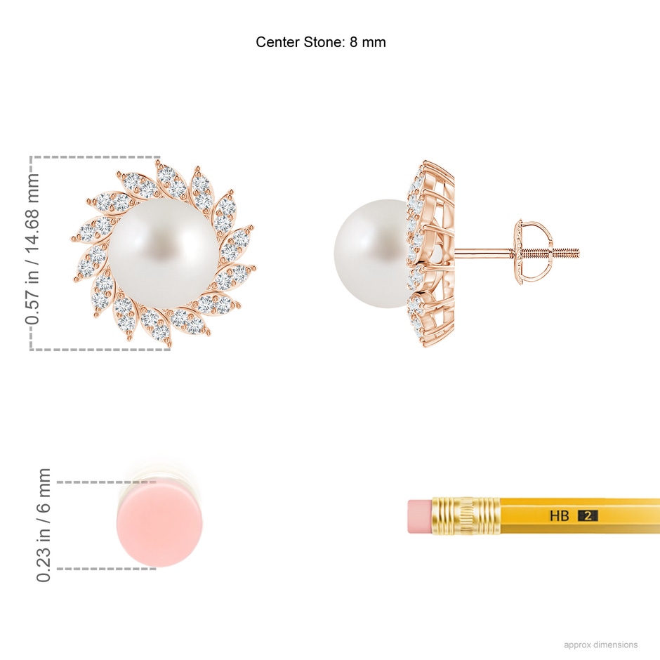 8mm AAA South Sea Pearl Spiral Halo Stud Earrings in Rose Gold ruler