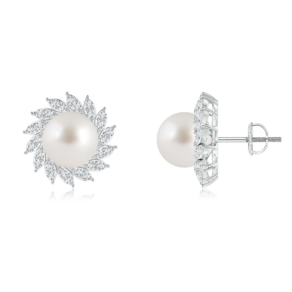 8mm AAA South Sea Pearl Spiral Halo Stud Earrings in White Gold 