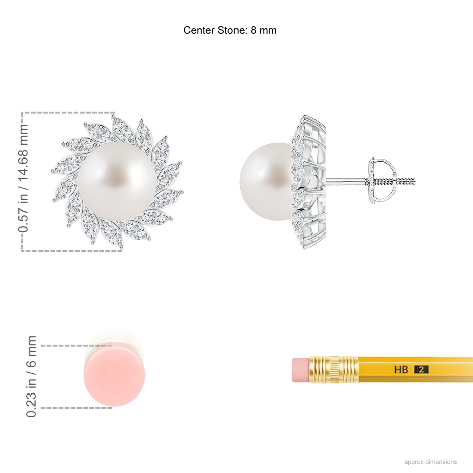 8mm AAA South Sea Pearl Spiral Halo Stud Earrings in White Gold ruler