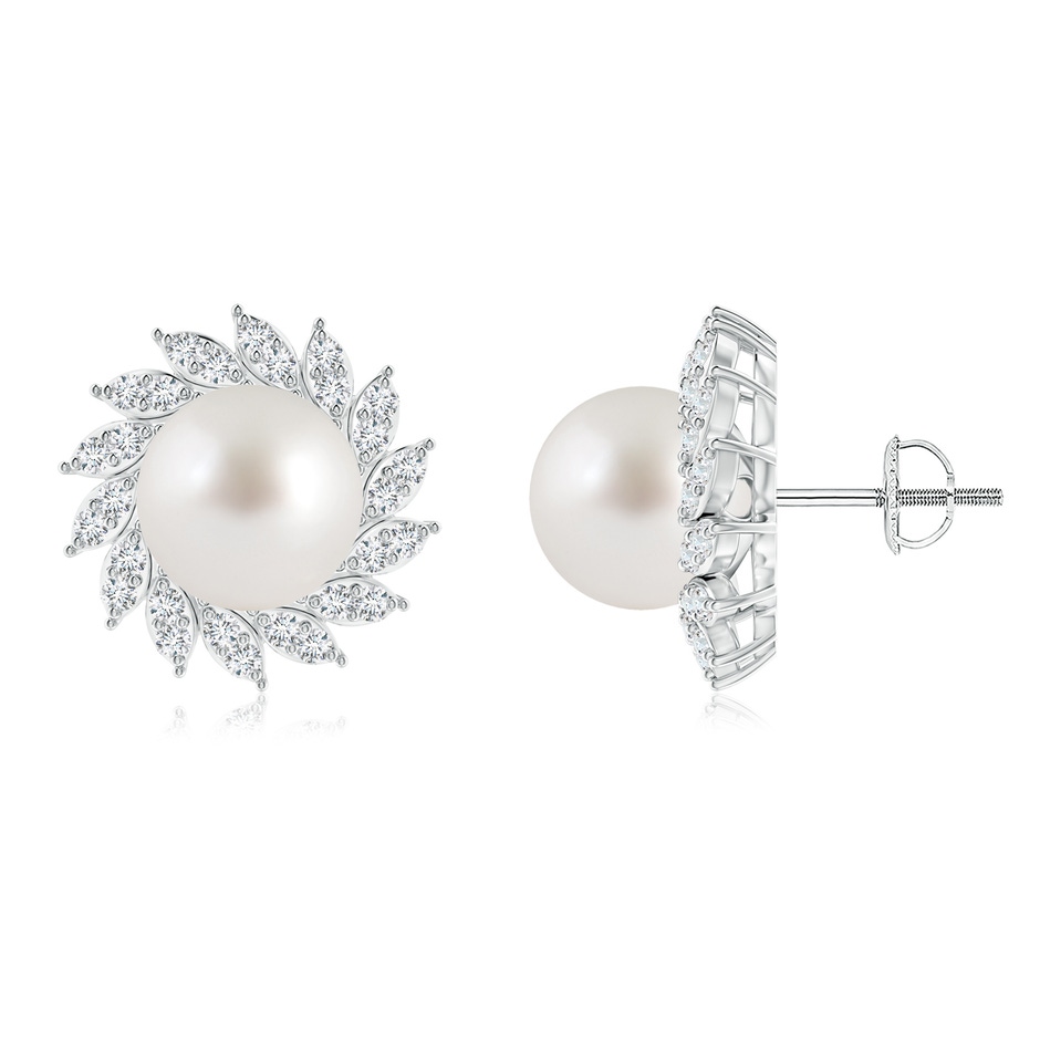 9mm AAA South Sea Pearl Spiral Halo Stud Earrings in White Gold 