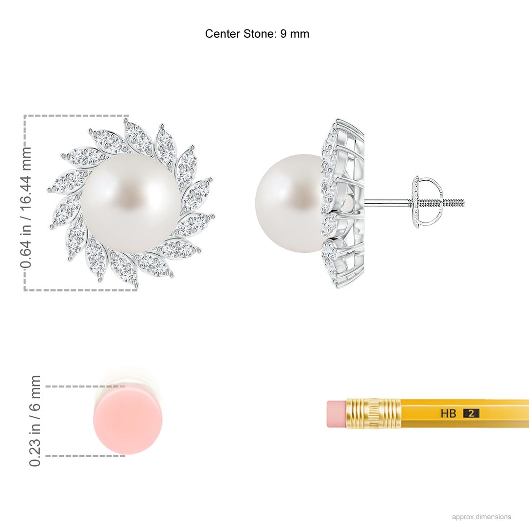 9mm AAA South Sea Pearl Spiral Halo Stud Earrings in White Gold - ruler