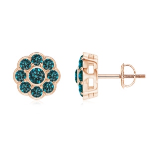 3.2mm AA Bezel and Pave Set Blue Diamond Floral Earrings in Rose Gold