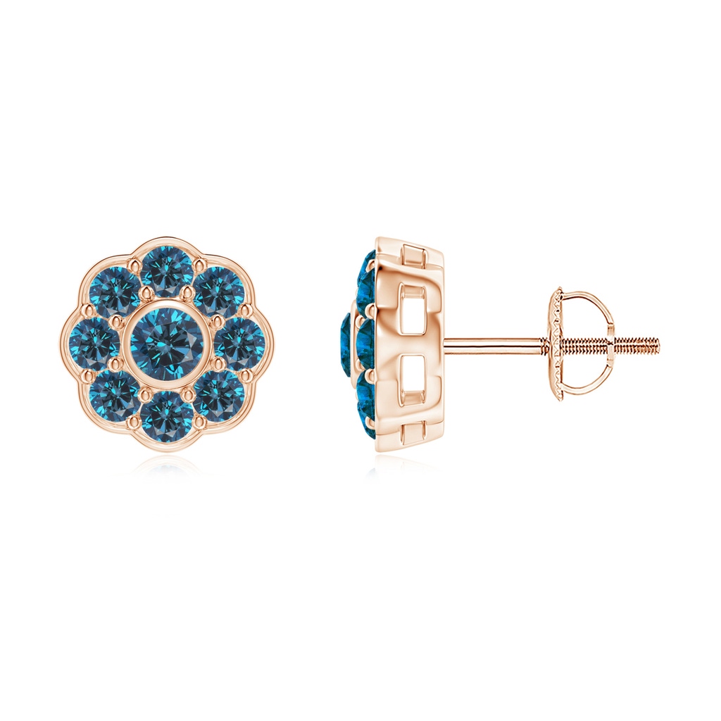 3.2mm AAA Bezel and Pave Set Blue Diamond Floral Earrings in Rose Gold