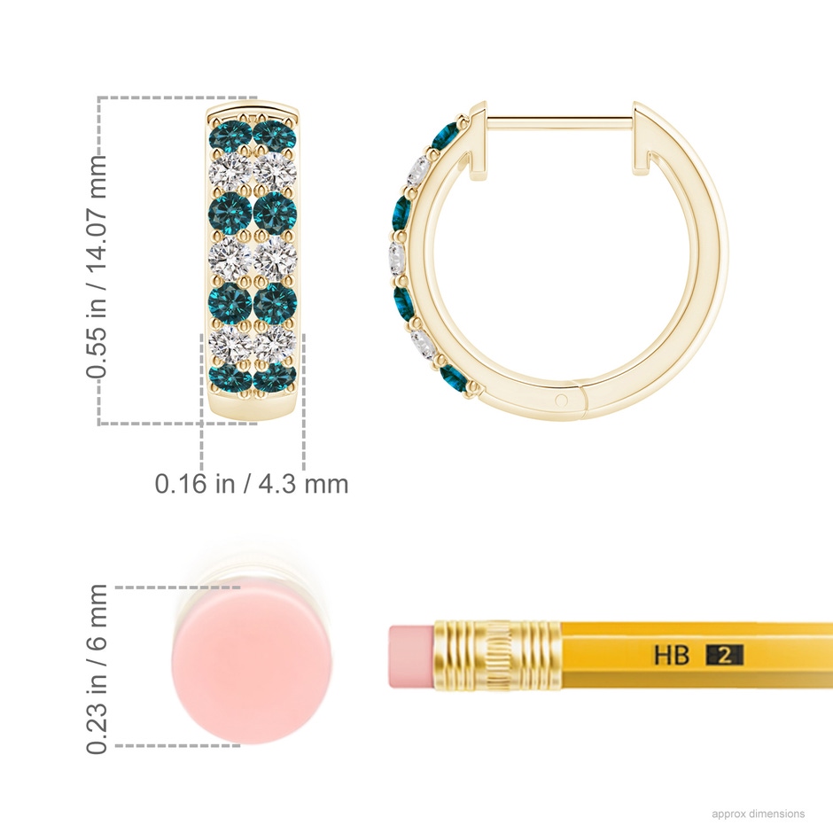 1.75mm AA Twin-Row Enhanced Blue Diamond Hoop Earrings in 9K Yellow Gold ruler