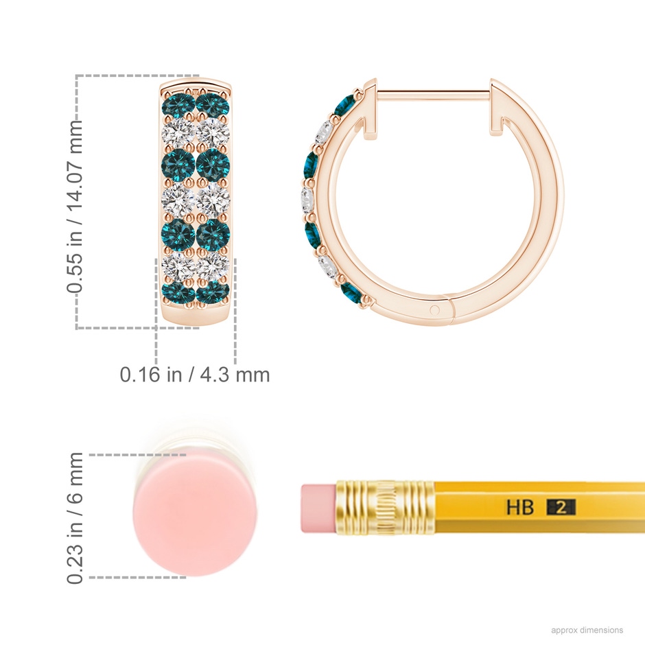 1.75mm AA Twin-Row Enhanced Blue Diamond Hoop Earrings in Rose Gold ruler