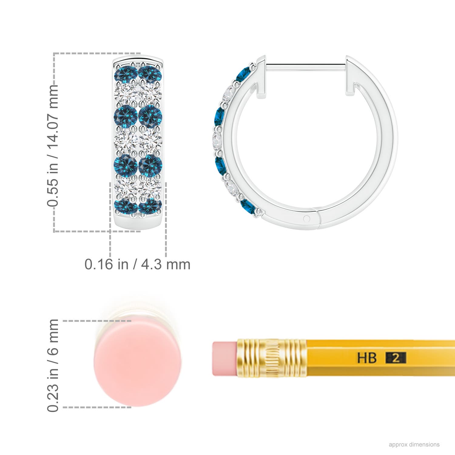 1.75mm AAA Twin-Row Enhanced Blue Diamond Hoop Earrings in White Gold - ruler