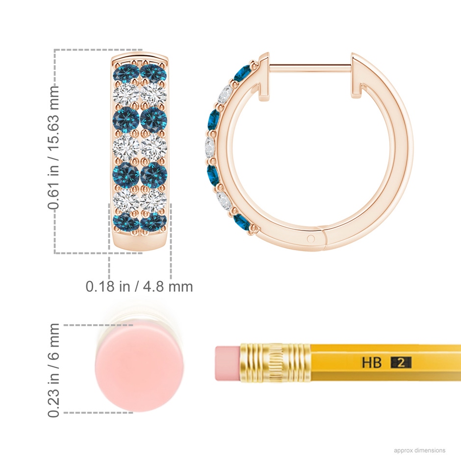 2mm AAA Twin-Row Enhanced Blue Diamond Hoop Earrings in 18K Rose Gold ruler