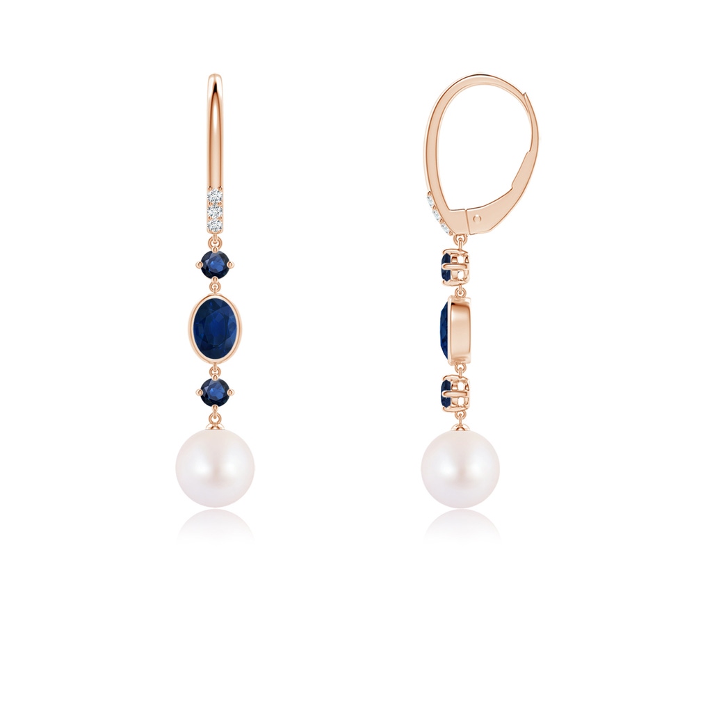 7mm AA Japanese Akoya Pearl Earrings with Sapphires in Rose Gold Side-1