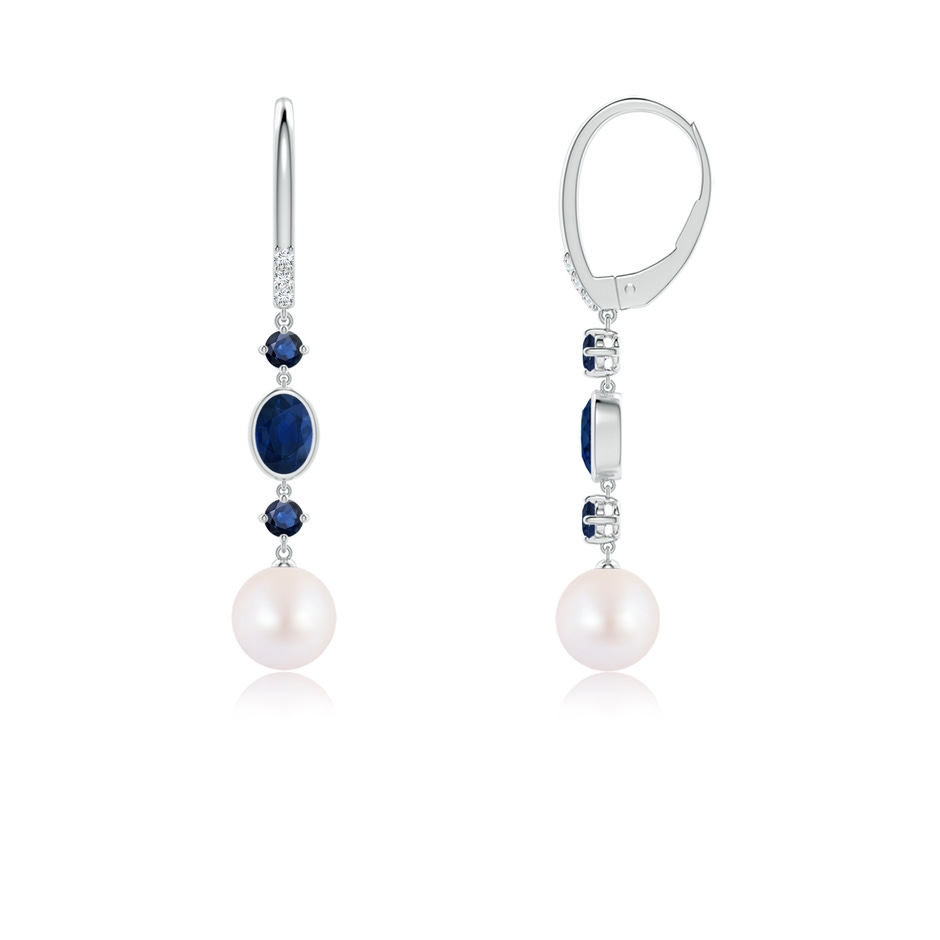 7mm AA Japanese Akoya Pearl Earrings with Sapphires in White Gold side-1